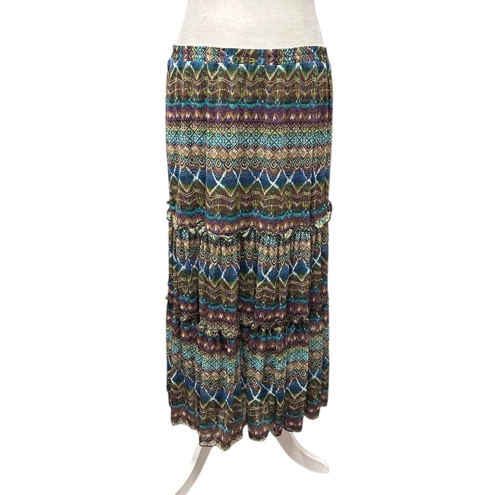 Boho Festival Abstract Tiered Flare Midi Skirt Womens Size M Hippie Mesh Elastic